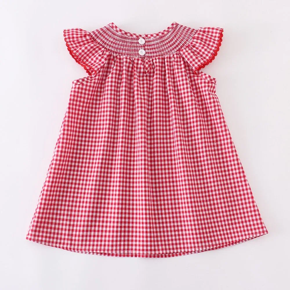 Red Gingham Smocked Flutter-Sleeve Kids Dress